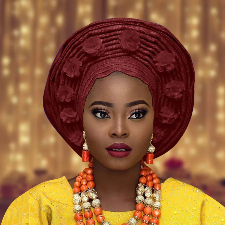 Африканский aso oke Авто геле для женщин с цветком нигерийский aso ebi головной убор для свадьбы - Цвет: wine