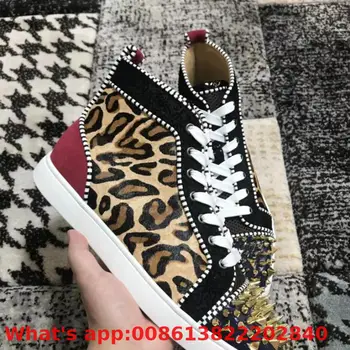 

High Cut Leisure Shoes Lace Up Leopard Print Horse Hair Leather Messy Rivets Red Bottoms For Men Sneakers Flat Loafers