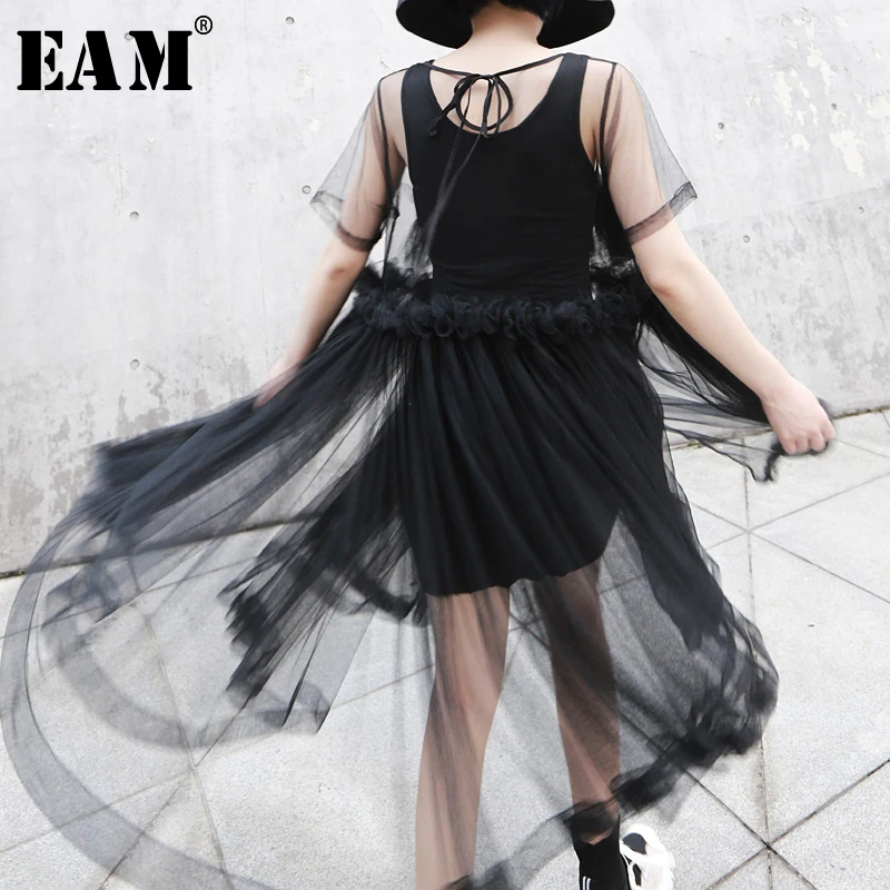 

[EAM] 2019 New Spring Summer Round Neck Short Sleeve Mesh Spliced Brief Temperament Thin Loose Dress Women Fashion Tide JX398