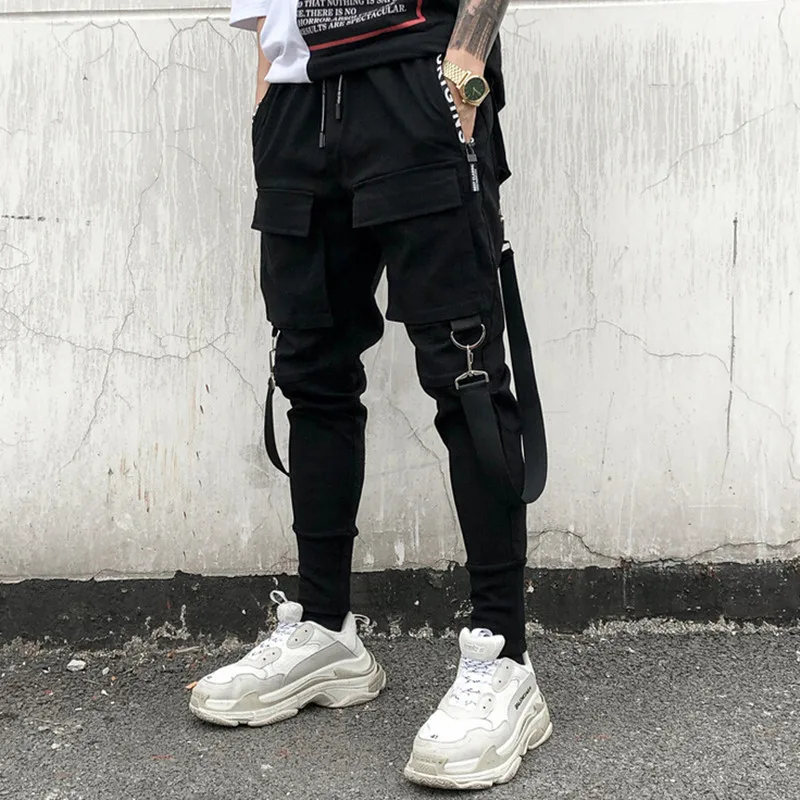 

Men personality punk hiphop harem pants nightclub singer stage costume trousers men hip hop ribbons cargo joggers streetwear