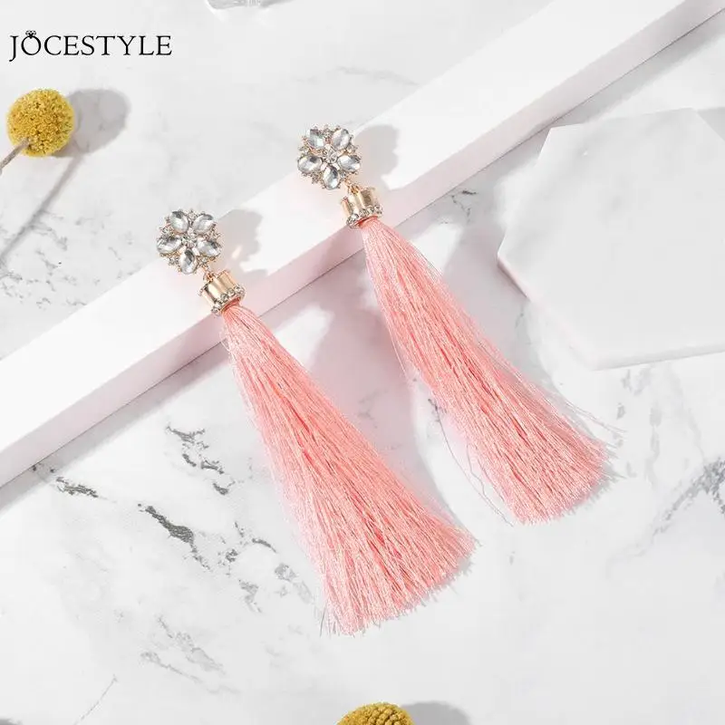 Bohemian Flower Rhinestone Long Earrings Pink Tassel Drop Earrings Women Jewelry Long Tassel Dangle Earrings Jewelry Gift