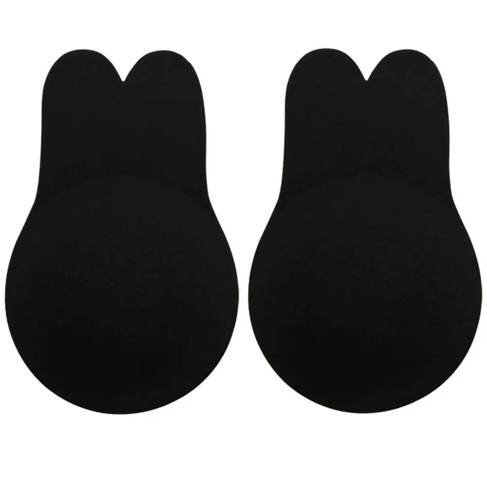 1 пара силиконовых женских невидимых бюстгальтеров, подтягивающих грудь подушечки в форме кролика, сексуальные многоразовые аксессуары Стикини, лента для сосков - Цвет: Черный