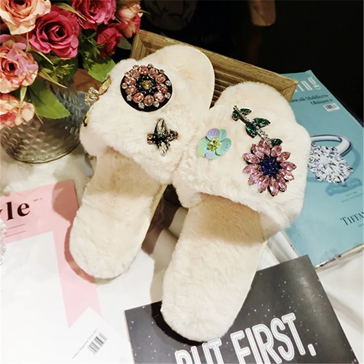 Women Indoor Slippers Shoes Flower Bee Rhinestone White Crystal Shoes Princess Ladies Autumn Winter Warm Plush Slippers M8G15 (13)