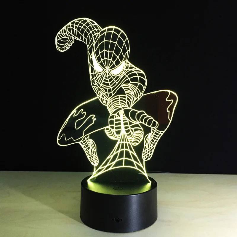 Человек-паук форма ночник 3D стерео видения лампы акрил 7 цветов Изменение USB Спальня прикроватная ночник Творческий Настольная лампа