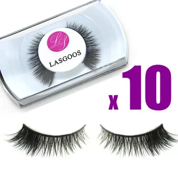 

LASGOOS #003 10 Pairs Boxed Hand-made 3D Strips Mink Lashes Natural Cross False Eyelashes Makeup Eyelash for School Daily Use