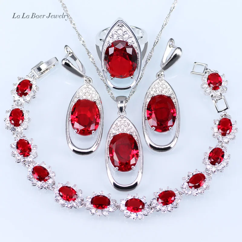 

L&B 4 Pieces Silver 925 Jewelry Sets Red Created Garnet White zircon crystal Bracelet/Pendant/Necklace/Ring/Earrings