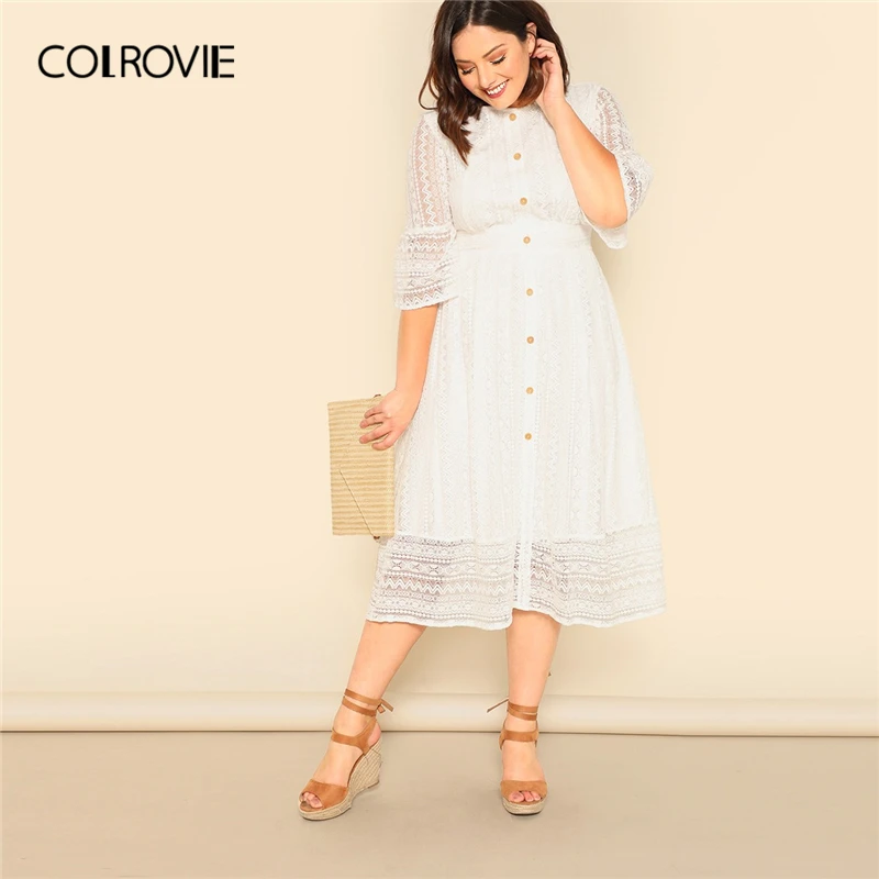 

COLROVIE Plus Size White Button Front Lace Overlay Elegant Dress Women 2019 Summer Half Sleeve High Waist Midi Flared Dresses