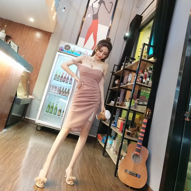 2018 New Arrivals Summer Women sexy Brassiere  strapless  A word collar  fold  Forking Paty  Dress Free Shipping