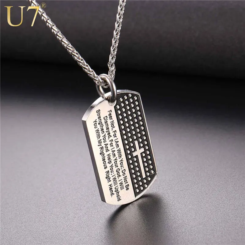 U7 Stainless Steel Men Cross Dog Tag Prayer Pendant Necklace Military Curb Chain 3mm 20 Inch Bible Verse Christian Jewelry P1009