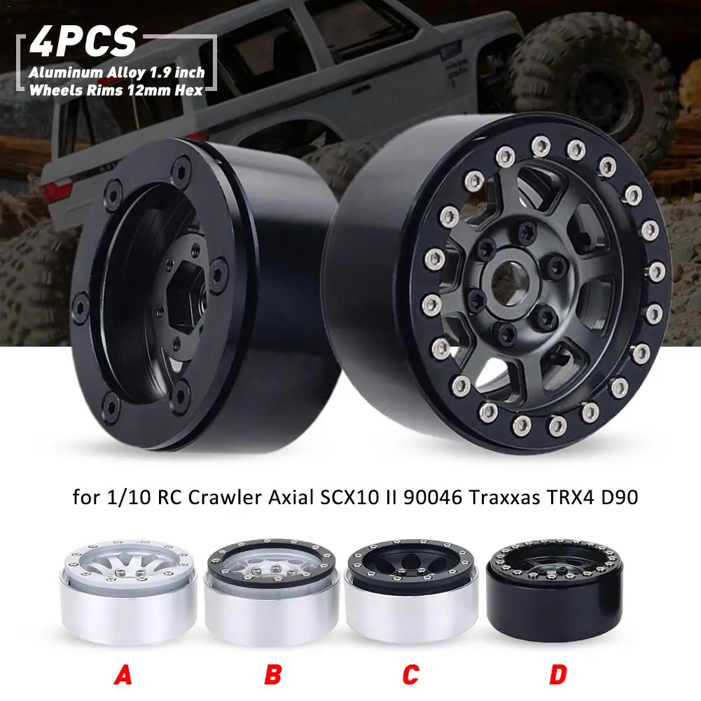 INJORA 4PCS 1.9 Inch Metal Wheel Rim Beadlock Wheel Hub for 1:10 RC Rock Crawler Traxxas TRX4 Axial SCX10 SCX10 II 90046 D90 12mm Hex Black