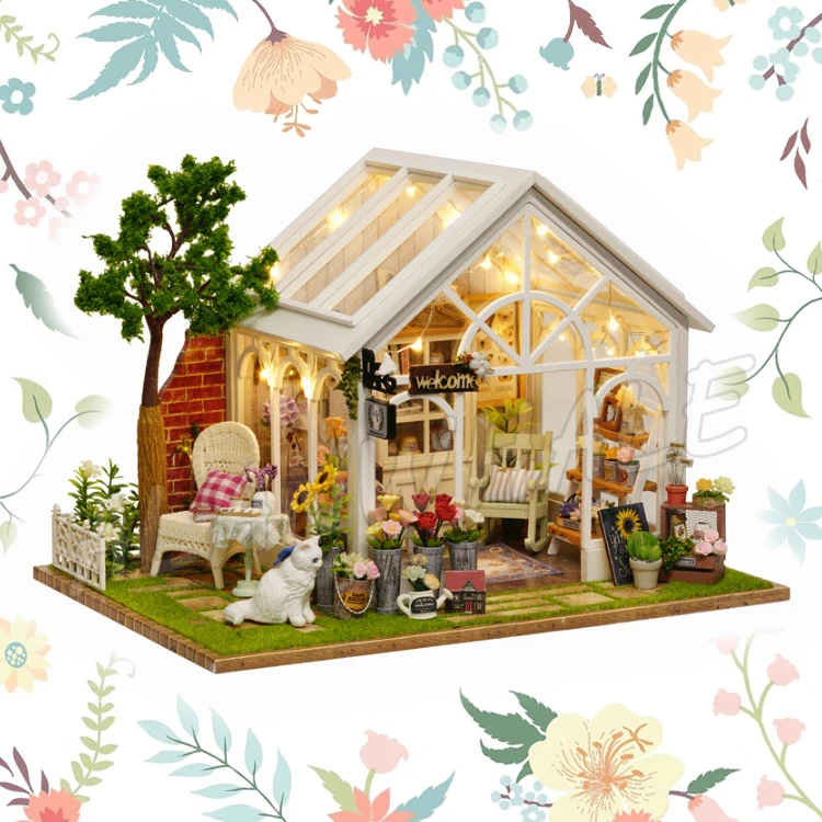 

Miniature Doll House Sunshine Green Gargen Flower Shop Cat DIY Wooden Dollhouse Furnitures Crafts Adult Toys Model Building Kits