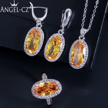 

ANGELCZ Stunning Oval Cubic Zirconia Stone Paved Silver Color Necklace Earrings Ring Set For Women Yellow Jewelry Sets AJ065