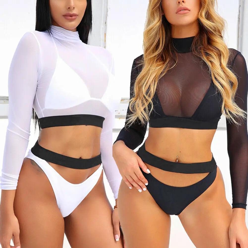 

Sexy Women Long Sleeve Solid Bikini Set Summer Beachwear Suit Swimsuit 2PCS High-Neck Transparent Mesh Sheer Crop Top