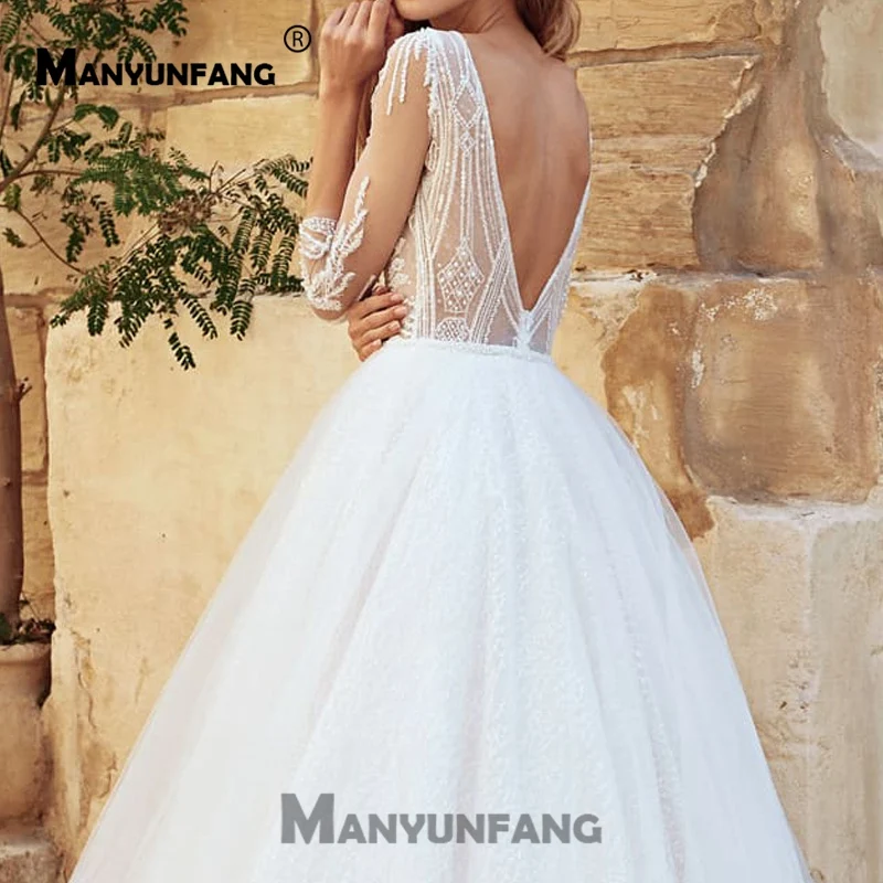 Элегантное свадебное платье трапециевидной формы, роскошное платье de mariee с v-образным вырезом на спине, Тюлевое платье невесты с бисером, Boho Vestidos De Novia