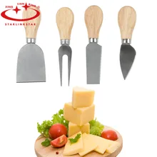 4 шт. набор из нержавеющей стали нож для сыра, Дубовая ручка, нож для сыра, масла, нож для пиццы, кухонный инструмент, полезные аксессуары