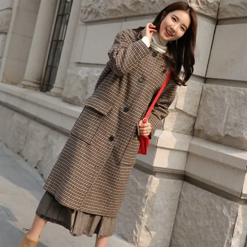 

Loose Single Breasted Women Long Woolen Coat Plaid Women's Jacket Fashion Pockets Cashmere Coat and Jacket