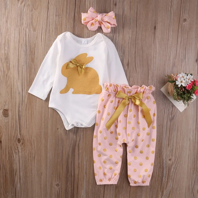 

3pcs Hot Sale 0-18M New Born Baby Girls Cute Rabbit Printed Headband+Romper+Pants Trousers Outfits Set
