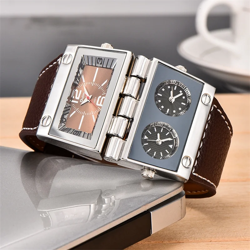 Oulm 2 разных квадратных циферблата часы 3 часовых пояса мужские наручные часы большой размер мужские кварцевые часы уникальная кожа мужские часы Новинка