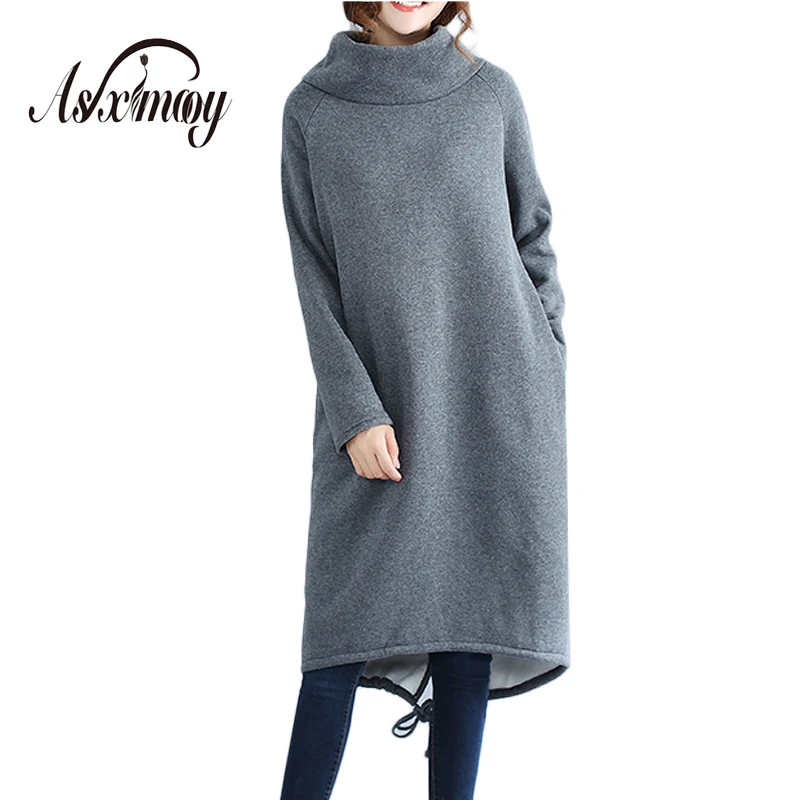 Turtleneck Pullover Oversized Hoodie Dress Women Long