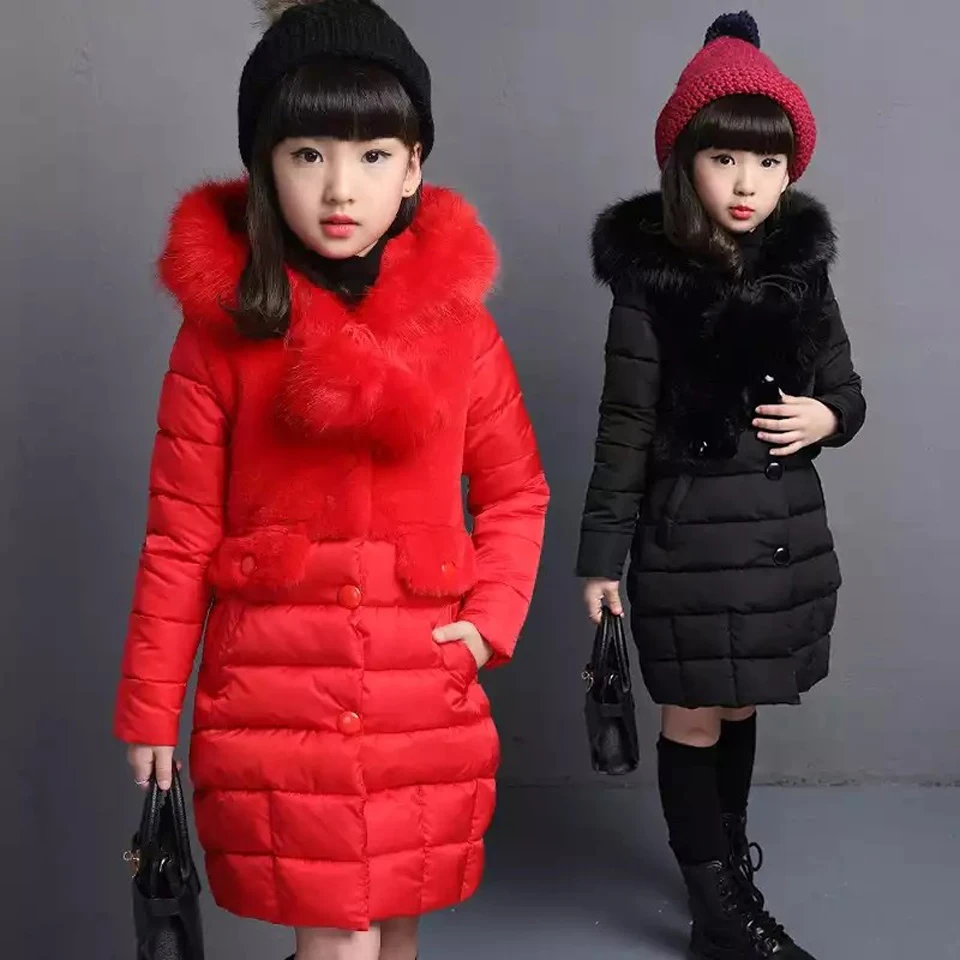 

2018 New Winter Big Girls Warm Thick Jacket Outwear Clothes Cotton Padded Kids Teenage Coat Children Faux Fur Hooded Parkas