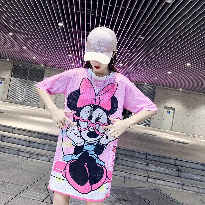 Летняя свободная футболка с героями мультфильмов, женское Сетчатое платье, удобная дышащая женская одежда disney, халат с Микки Маусом, прямое платье