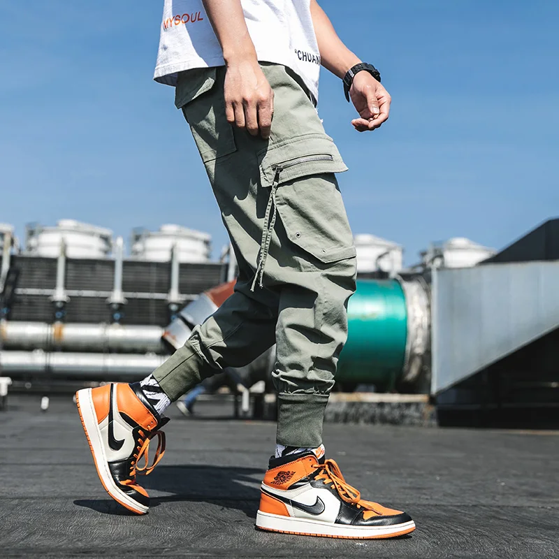Новые мужские уличные накладной карман спортивные штаны хип хоп тонкие фитнес брюки ленты шаровары ABZ455