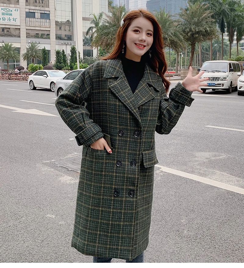 Zoki Loose Plaid Women Long Wool Blend Coat Fashion Winter Warm Jacket Elegant Double Breasted Autumn Fleece Outwear Plus Size