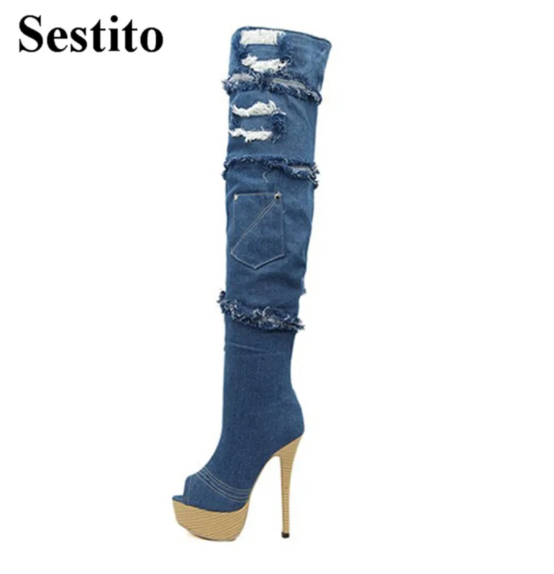 

2018 Ladies Hole Fringe Denim Thigh High Boots Peep Toe Super High Heel Platform Over-the-Knee Boots Women Thin Heels Zip Shoes