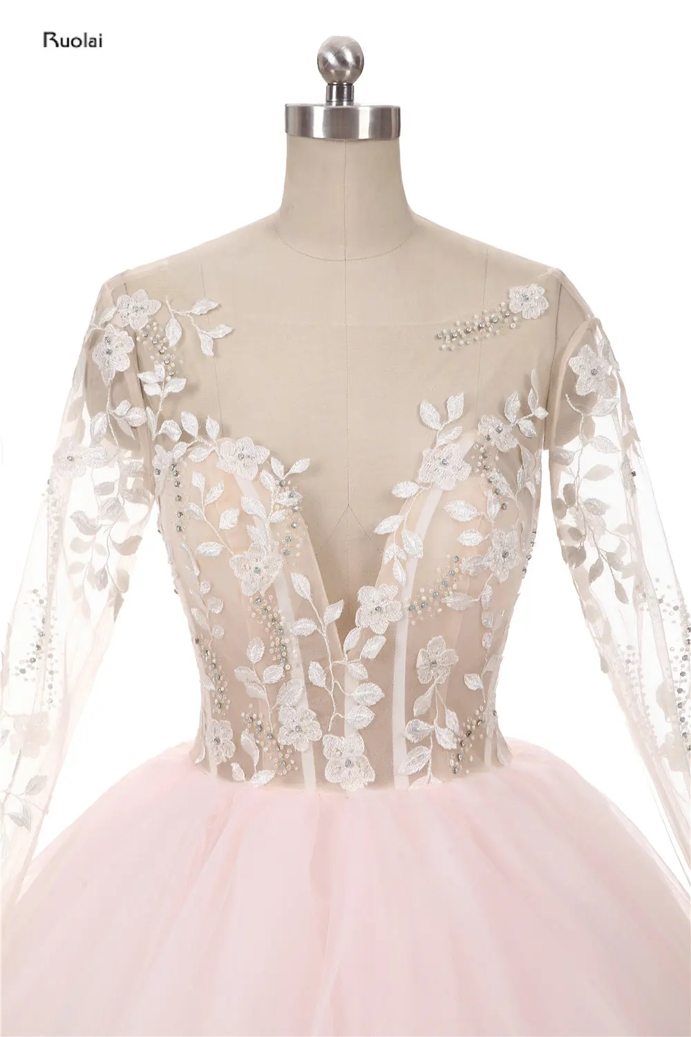 Халат De Soiree очаровательный розовый тюль Вечерние платья Sheer одежда с длинным рукавом открытой спиной развертки поезд праздничные Бальные