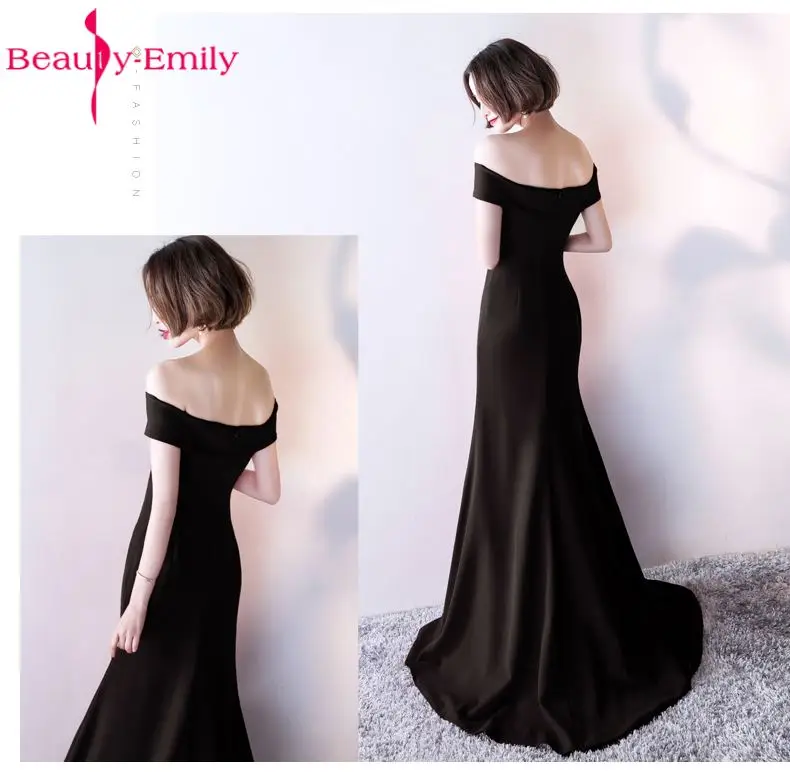 Beauty Emily Sexy Black Mermaid Evening Dresses 2017 Boat-Neck Elastic Satin Women Formal Party Prom Dresses Long Evening Gowns