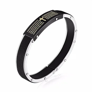 

Cross & Bible Pattern Open Men Bangle Cowhide Leather Inner Stainless Steel Rivets Outside Man Jewelry Bracelet PH1110
