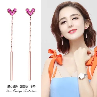 pink heart tassel cz earring 925 silver post Hypoallergenic fadeless fashion jewelry stud earrings for women girl gift