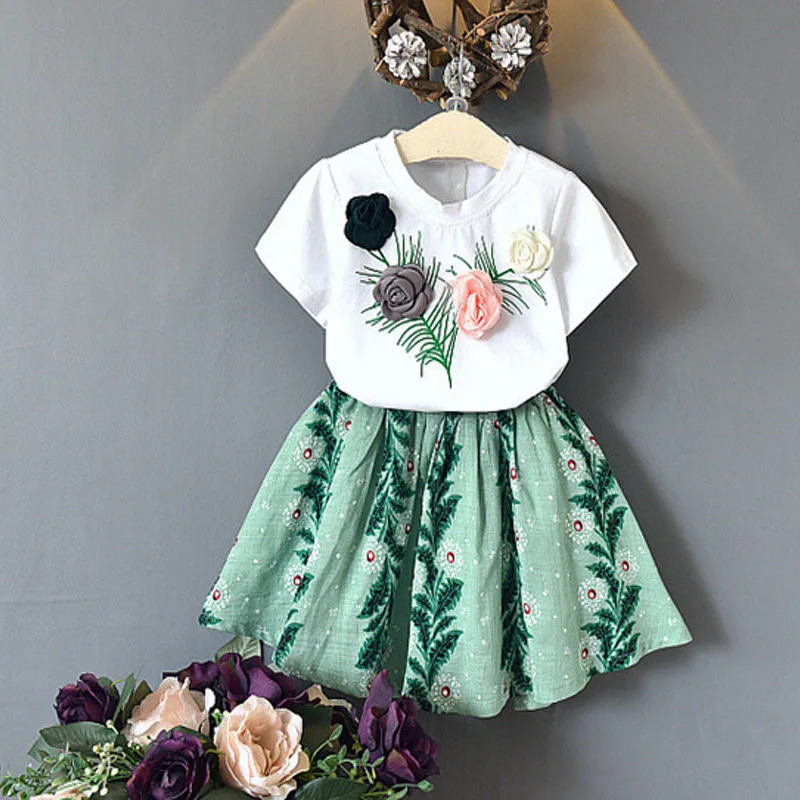 

2019 kids girls clothes set floral applique embroidery white t-shirt +fashion flower skirt girl summer clothing set