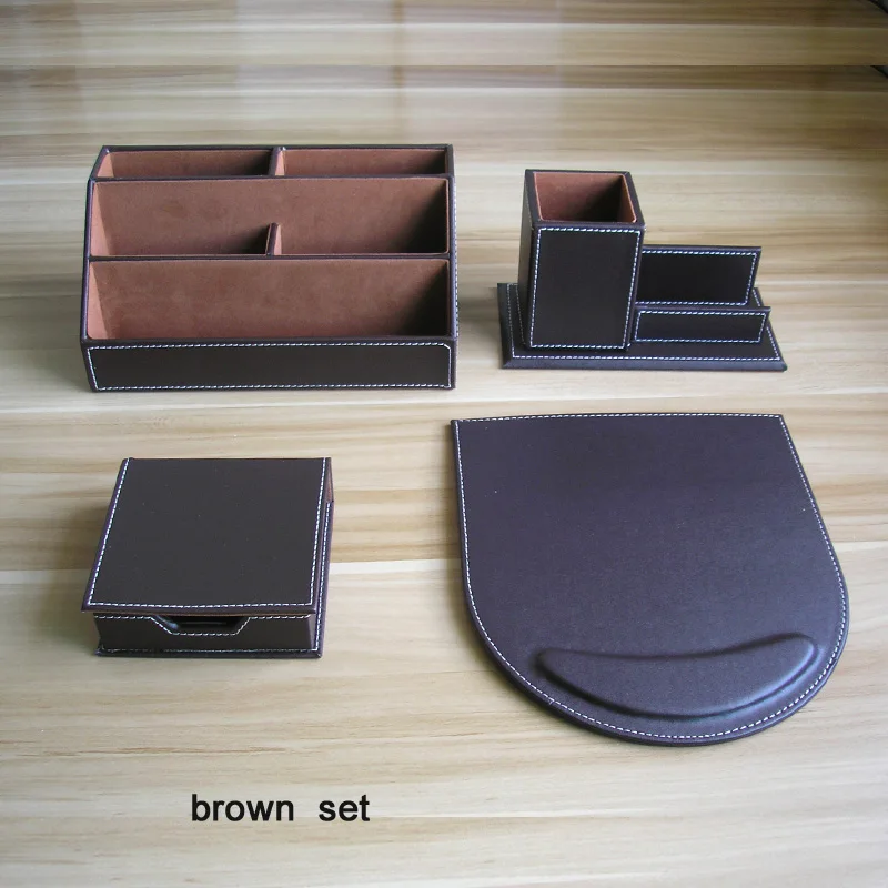 4PCS/set wooden PU leather office desk stationery organizer pen holder pencil case note name card stand desktop accessories K218