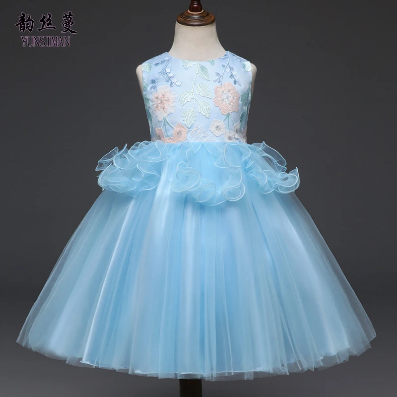 

Kids Clothes Dresses Girls Flower Embroidered Light Blue Dress Children's Clothing Mesh Party Princess Summer Dress 3 - 10 2M04