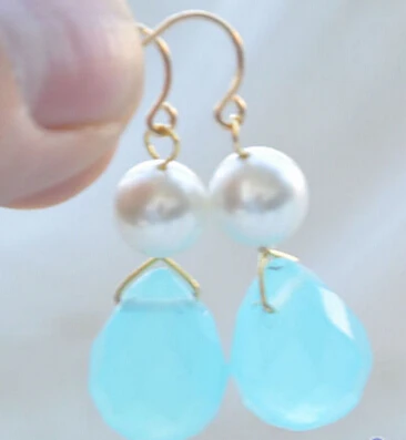 

hot sell new - -hot 13378 blue-sky Teardrop faceted crystal white round pearl dangle earring