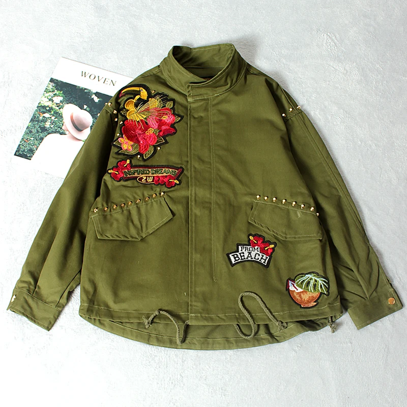 Army Green Floral Bird Car Embroidery Patch Bomber Jacket Women Rivet