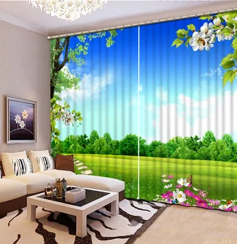 

3D Curtain Home Bedroom Decoration Fashion Customized Flowers, Blue Sky, Grassland Blackout Shade Window Curtains