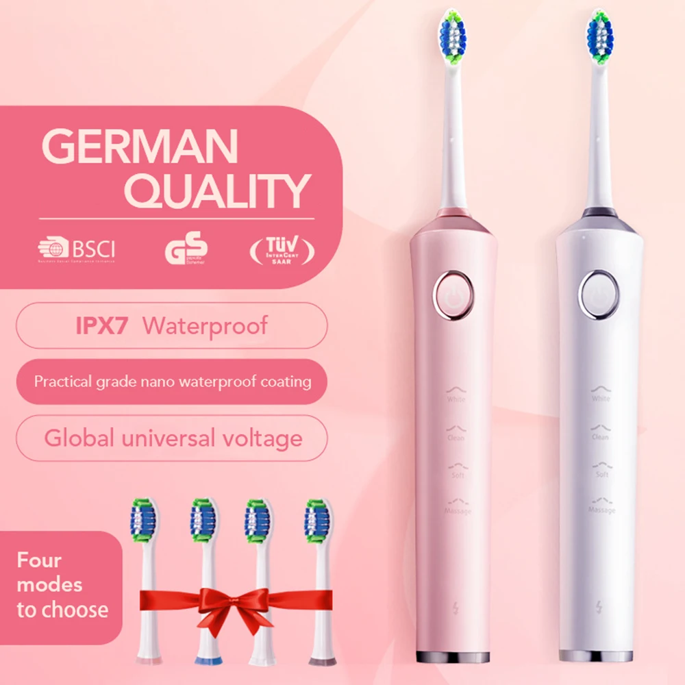 

Ultrasonic Electric Toothbrush Rechargeable 4 Modes Timer Sonic Tooth Brush Electric Charger with 4 Replacement Heads For Adult