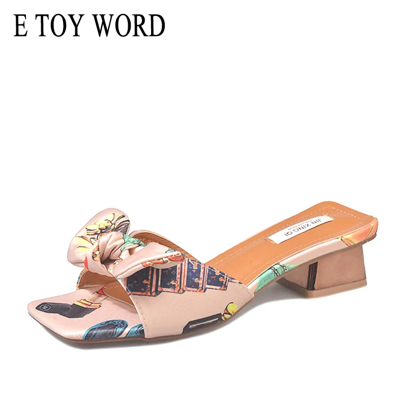 

E TOY WORD Women slippers Wearing 2019 Summer New Satin Bow Slippers Wild Open Toe Thick Heel Mid heels Fashion Sandals Women
