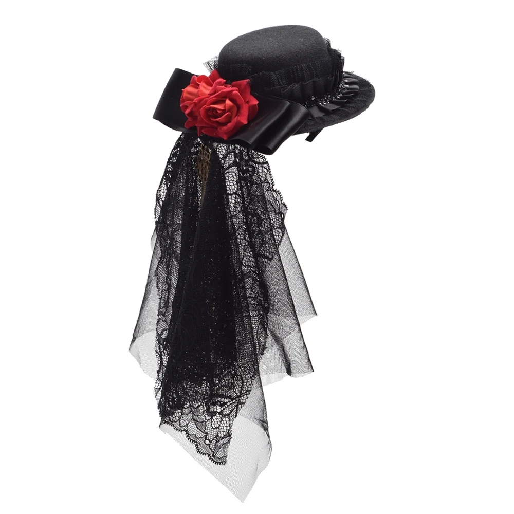 

1pc Vintage Women Red Floral Black Lace Veil Mini Top Hat Hair Clip Goth Headwear Steampunk Accessory