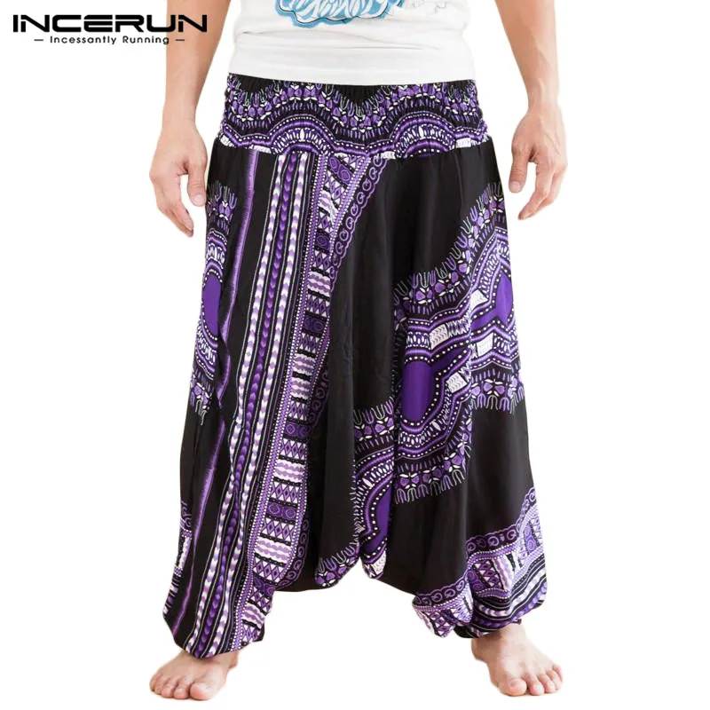 Свободные штаны-шаровары с этническим принтом, мужские брюки для хип-хопа с заниженным шаговым швом, широкие брюки,, африканские брюки в стиле Дашики, мужские брюки, 5XL INCERUN - Цвет: Purple Pants