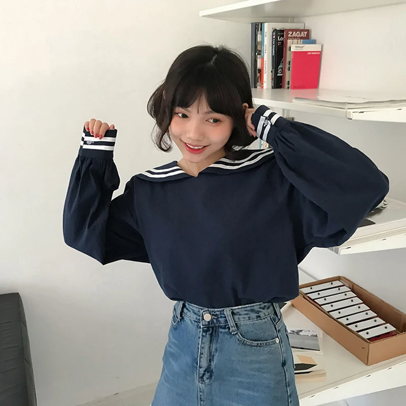 New Korean Preppy Style Sailor Collar Stripe Shirts Women Autumn Long 