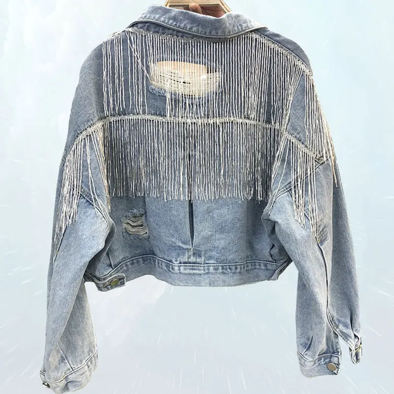

2019 New Spring Autumn Jacket Women Fashion Hole Beaded Tassel Denim Outwear Loose Pleated Thin Short Jeans Jackets Female SL168