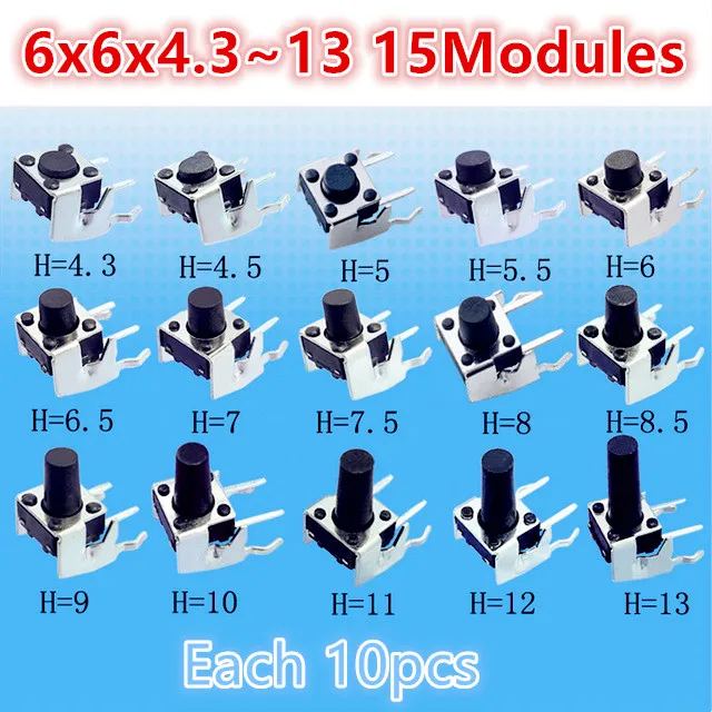 

150pcs Assorted Micro Tactile Push Button Touch Tact Switch Kit 6x6x4.3~13 DIP Horizontal Stand Electrical appliances Repair 6*6