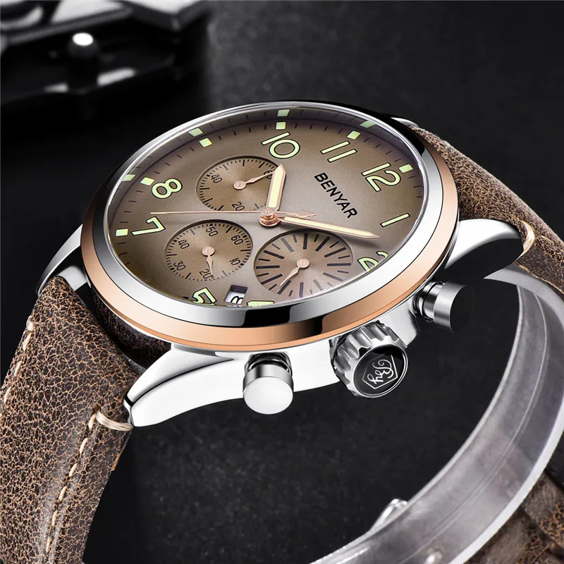 BENYAR мужские часы лучший бренд класса люкс Хронограф водонепроницаемые военные мужские часы новые спортивные кожаные Наручные часы relogio masculino 5138