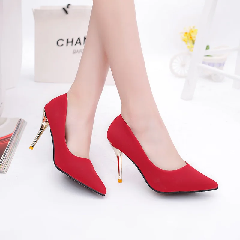 

2018 Woman Flock High Heels Women Pumps Metal Heel Wedding Shoes Christmas present dames schoenen
