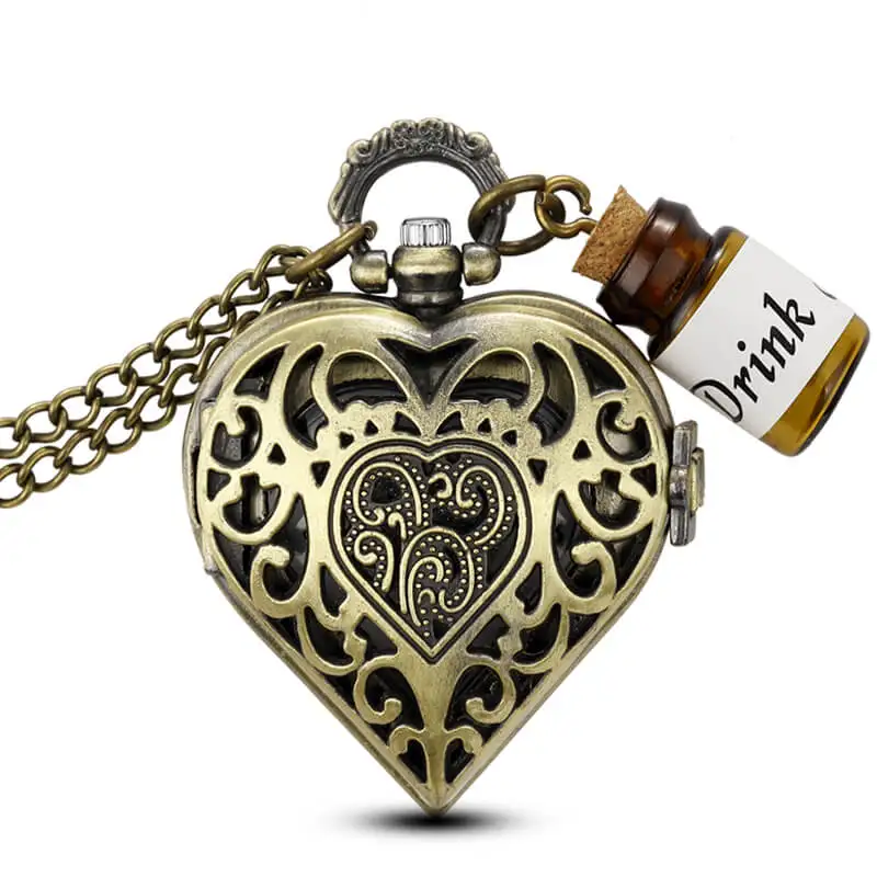 

Bronze Heart-Shaped Pocket Watch Necklace Small Bottle Drink Me Alice In Wonderland Quartz Pocket Watch chains pendent gifts