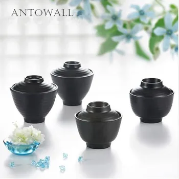 

ANTOWALL Japanese Black and White Kitchen Plastic Soup Bowl Restaurant Miso Soup Bowl with Lid Melamine Plastic Tableware