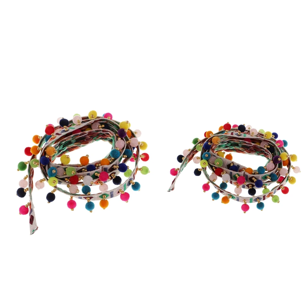 2Pcs Ethnic Fringed Tassel Lace Jacquard Ribbon With Pompom Ball Trim 1 Yard